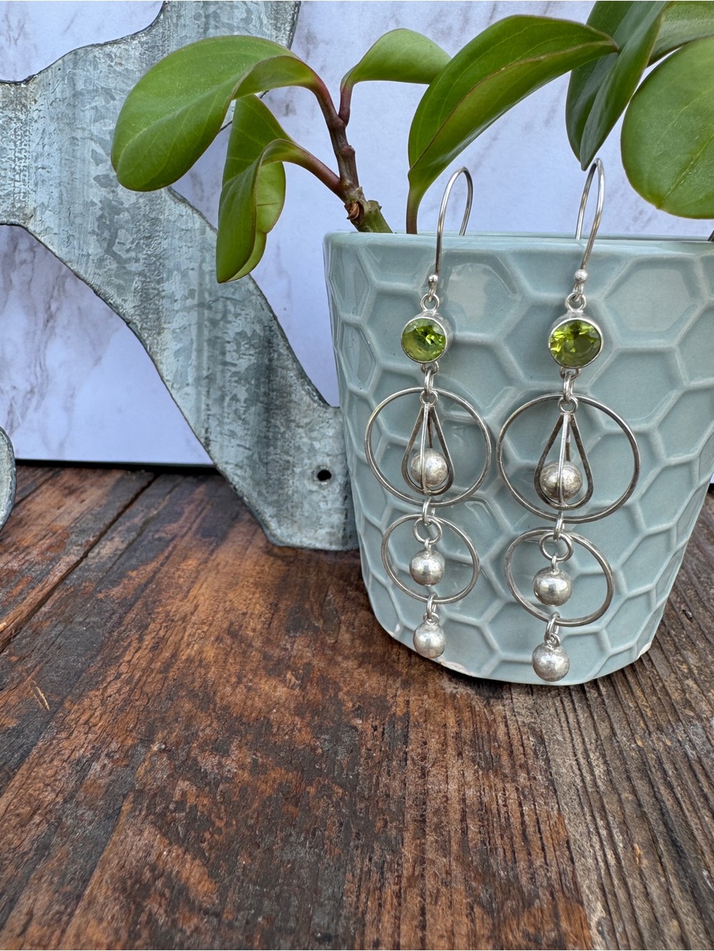Sterling Silver Orb Dangle Hoop Earrings with Peridot Green Stones